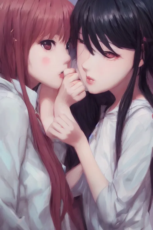 prompthunt: portrait of two girls kissing, anime, drawn by WLOP, trending  on Artstation