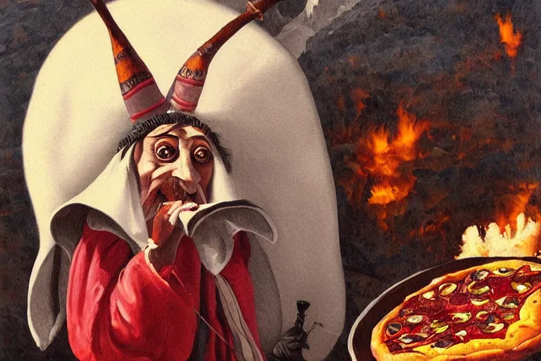 Image similar to a highly detailed portrait of pulcinella!!! from naples with a pizza!!, a burning volcano in the background, an ultrafine detailed painting by achille superbi, dark mood, trending on deviantart, whimsical, lowbrow, coherent, sharp focus, octane, masterpiece