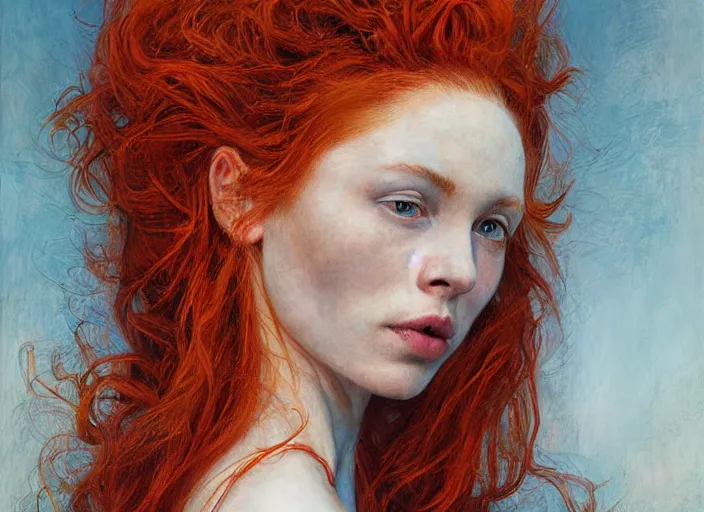 Prompt: a highly detailed beautiful portrait of woman with flaming fiery hair, james gurney, james jean