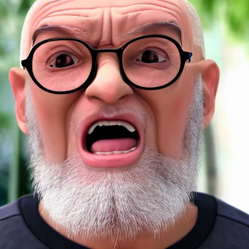 Prompt: mean bald old man with glasses screaming nonsense