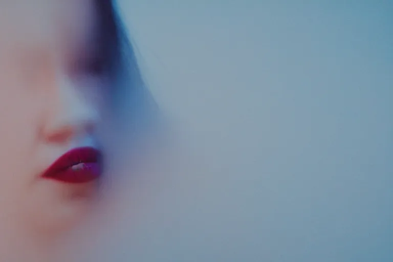 Image similar to film photography, minimalism, close up woman with bright lipstick running in the blue fog, low shutter speed, 35mm, motion blur