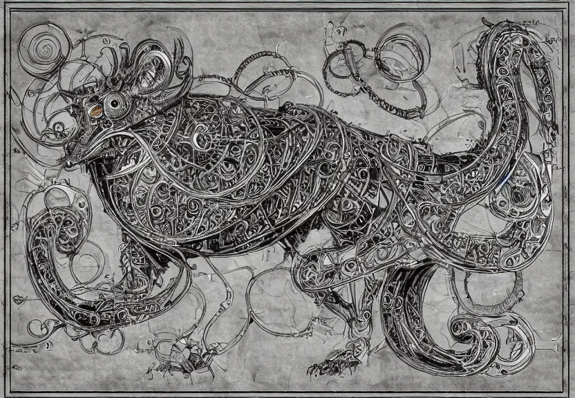 Image similar to 1 / 4 schematic blueprint of highly detailed ornate filigreed convoluted ornamented elaborate cybernetic rat, full body, character design, inside frame, middle of the page, art by da vinci