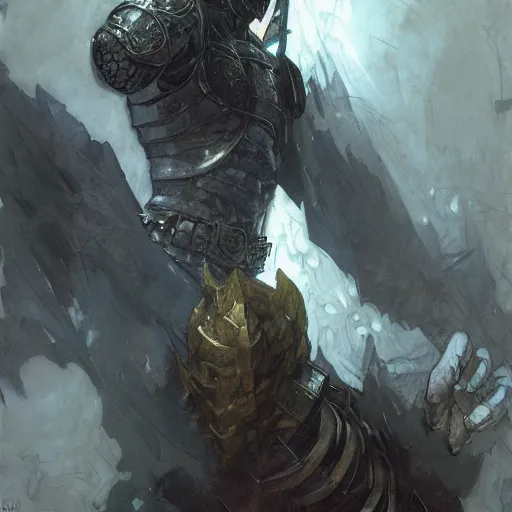 Image similar to The Dark Souls Knight, art by Craig Mullins, Simon Bisley, Gregory Manchess, Fernanda Suarez, Artem Demura, Alphonse Mucha, Donato Giancola, Jason Felix, Steve Argyle, Tyler Jacobson, Peter Mohrbacher, digital art, trending on artstation