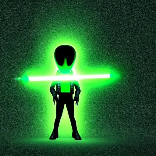 Image similar to an alien is standing in a field with a green lightsaber