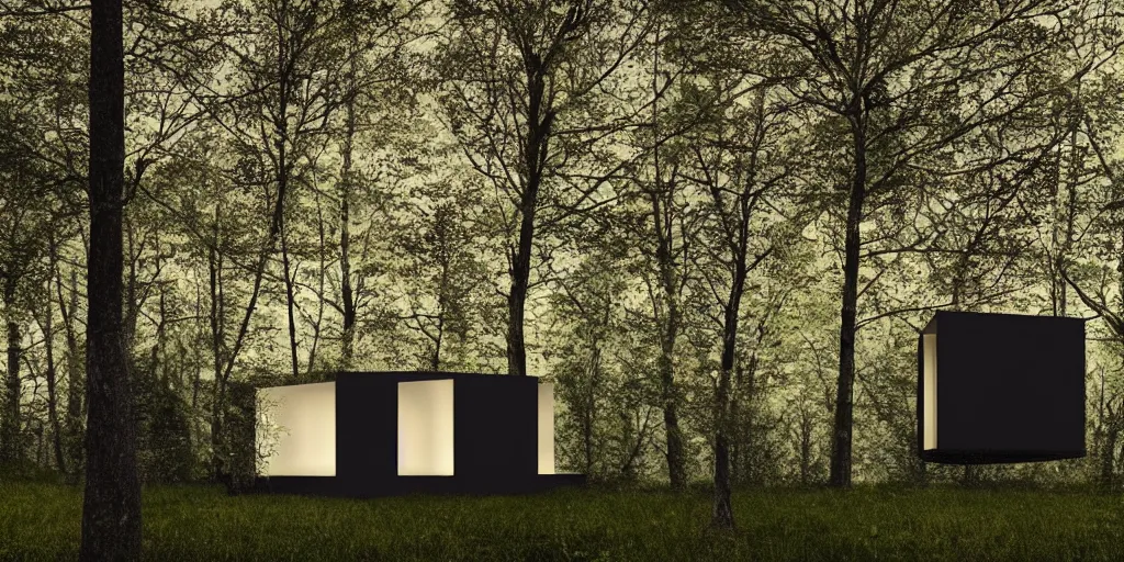 Image similar to a black cube minimalist house in the woods and empty woods, 8k, fantasy, hyper realistic, dramatic lighting, cinematic in ispahan