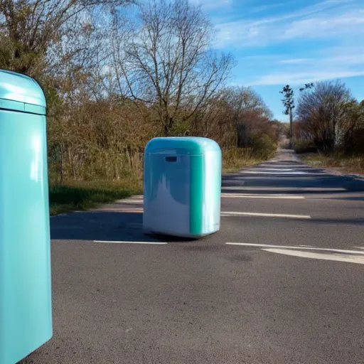 Prompt: refrigerator walking running jogging down the street