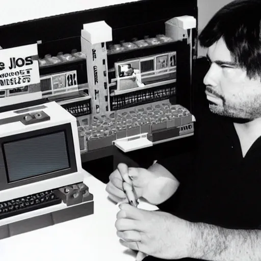 Image similar to steve jobs and steve wozniak inventing apple ii, lego set,