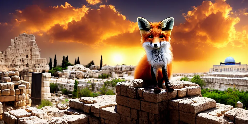 Prompt: a adorable small fox in the huge ruins of the second temple in jerusalem in the distance. the third temple hovers quietly hiding in the dreamy clouds above. a hooded bearded old man in a brown tunic laughing, colorful 8 k, art station, intricate superb details, digital art, cinematic, bokeh dof sky, by jim warren.