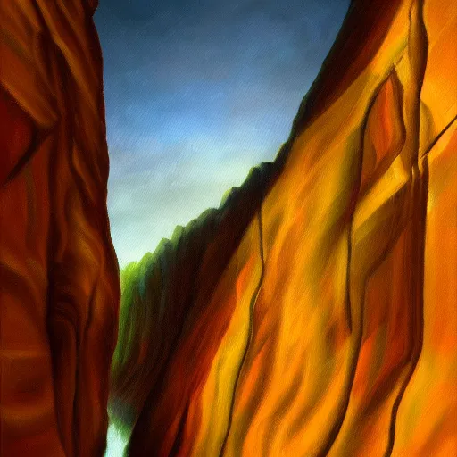 Prompt: beautiful oil painting of a canyon in between mountains, trending on artstation, high detail, realism, award winning, detailed lighting