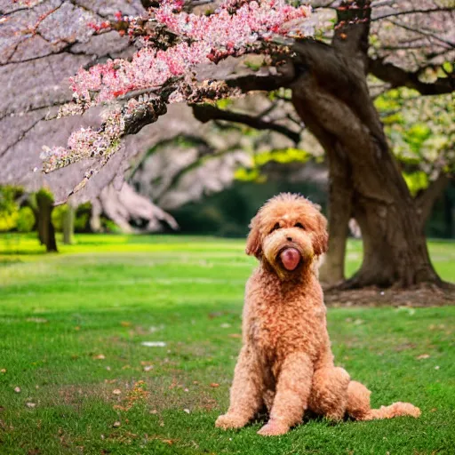 Prompt: a goldendoodle meditation below a Sakura tree, 8k, nature photography