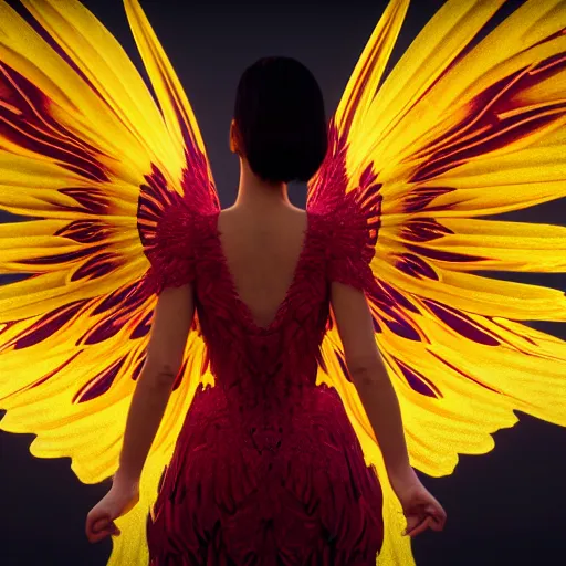 Image similar to a beautiful orchid phoenix angel woman, in an ornamented dress with large wings, photorealism, octane, unreal engine, volumetric light, god rays, 8 k high resolution, rubies