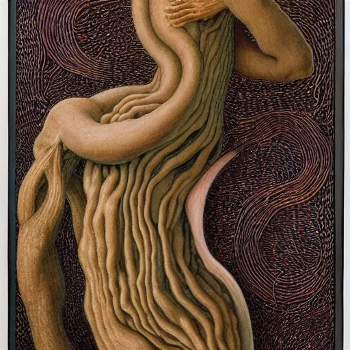 Image similar to intarsia inlay organic, insane by jean delville, by dino valls. a land art of the human intestine in all its glory. each section of the intestine is labelled, & various items & creatures can be seen inside, such as bacteria, food particles, & even a little mouse.