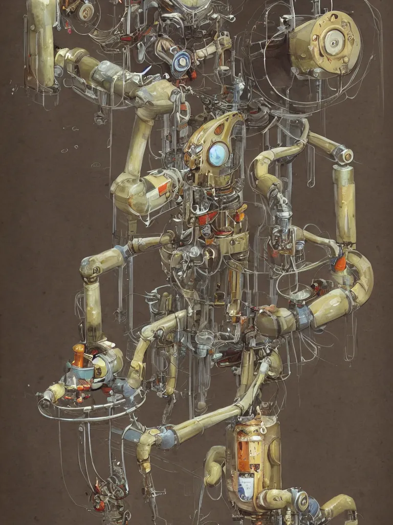Prompt: full-length portrait of a singular old mechanical friendly empatic robot offering a cup of fresh steaming hot coffee, by Simon Stalenhaag, by Yoshita Amano, by Esao Andrews, sharp focus, fresh colors, deviantart, conceptart