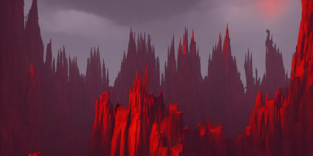 Image similar to dramatic render of a cathedral, gothic architecture, carved of red rock, tall spires, top of a canyon, vultures, concept art by studio ghibli and eddie mendoza, atmospheric, moody, dark, cinematic, volumetric lighting, 8K