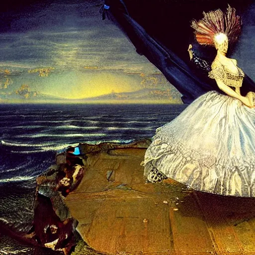 Image similar to Marie Antoinette levitating over the sea. by El Greco, Remedios Varo, Salvador Dali, Carl Gustav Carus, John Atkinson Grimshaw. high detail, great lighting, 8k resolution, masterpiece, concept art, illustration