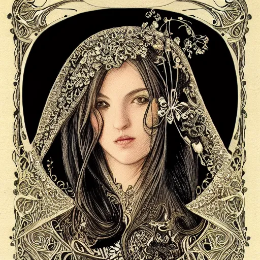 Prompt: beatifull frontal portrait of a woman, intricate, elegant, highly detailed, ornate, elegant , luxury, illustration, art nouveau style