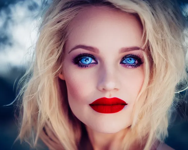 Image similar to A portrait of a beautiful blonde woman with beautiful blue eyes and beautiful red lips, piercing eyes, in heaven, highly detailed, bokeh, professional photograph, 4K, HD