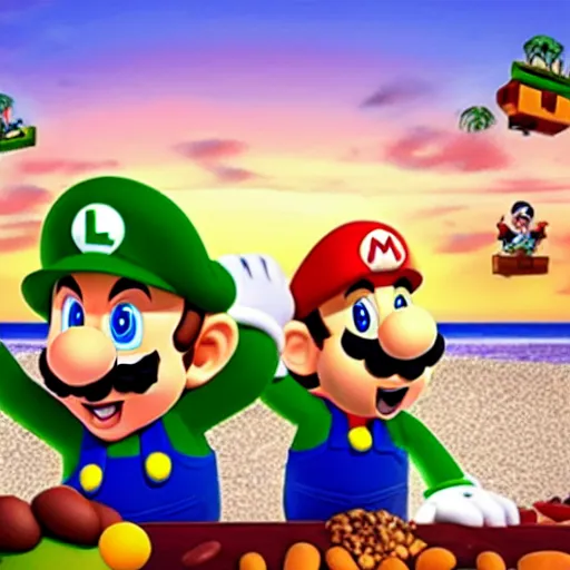 Prompt: mario and luigi on the beach eating beans, the sun setting in the background