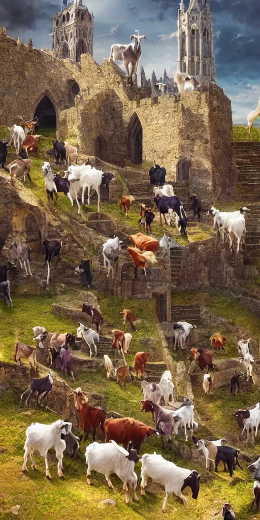 Prompt: a herd of goats! on stairs in a beautiful fantasy cathedral, medieval citadel, medieval castle, many goats, magic, tall towers, gorgeous clouds, colorful, open space, sunrays, digital painting, landscape, octane render, unreal engine, high detail, very realistic