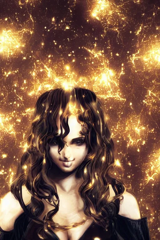 Image similar to A curly-haired girl in brown hair rushes into a black leather suit against the background of golden sparks, Anime, cyberpunk, gothic, dark fantasy, art, 4k,