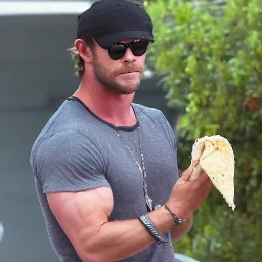 Prompt: Chris Hemsworth wearing a Mexican Sombrero while eating a burrito