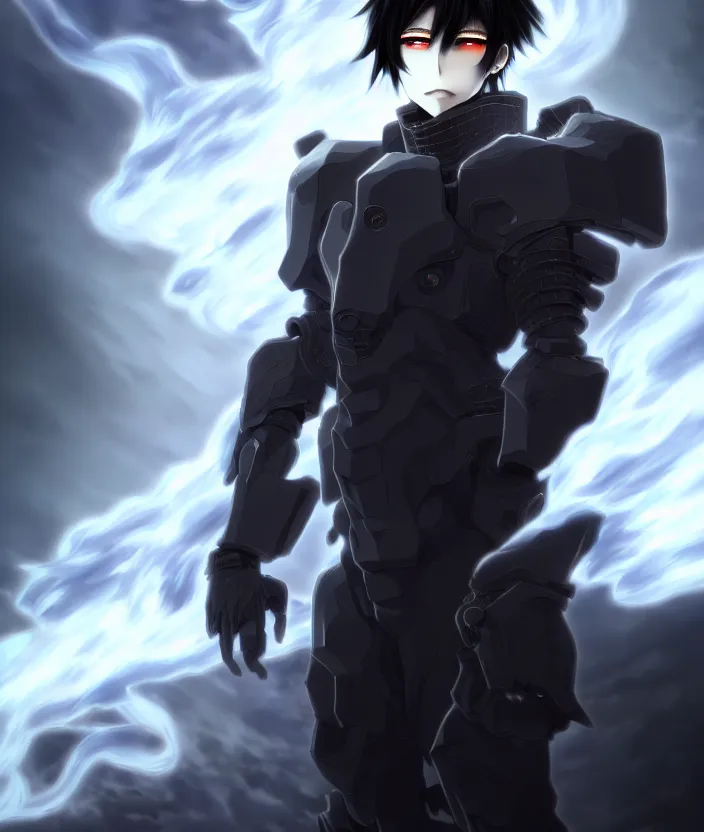 Image similar to a detailed manga illustration character full body portrait of a dark haired cyborg anime man shrouded in clouds of dark smoke and fire, trending on artstation, digital art, 4 k resolution, detailed, high quality, sharp focus, hq artwork, insane detail, concept art, character concept, character illustration, full body illustration, cinematic, dramatic lighting