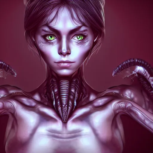 Image similar to beautiful girl with xenomorph body, cute - fine - face, pretty face, realistic shaded perfect face, fine details, 8 k, moody lighting, cinematic lighting,