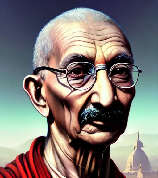 Image similar to Highly detailed portrait of Gandhi, in GTA V, Stephen Bliss, unreal engine, fantasy art by Greg Rutkowski, Loish, Rhads, ferdinand knab, Makoto Shinkai and Lois van baarle, ilya kuvshinov, rossdraws, Tom Bagshaw, global illumination, radiant light, detailed and intricate environment