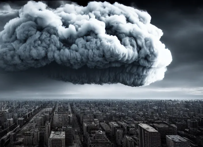 Image similar to nuclear cloud in the city . Horror dystopia style. Highly detailed 8k. Intricate. Nikon d850 300mm. Award winning photography.