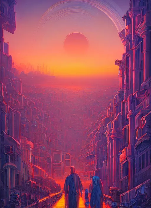 Prompt: ethereal starlit city of dreams at sunset, italian futurism, da vinci, Dan Mumford, Josan Gonzalez