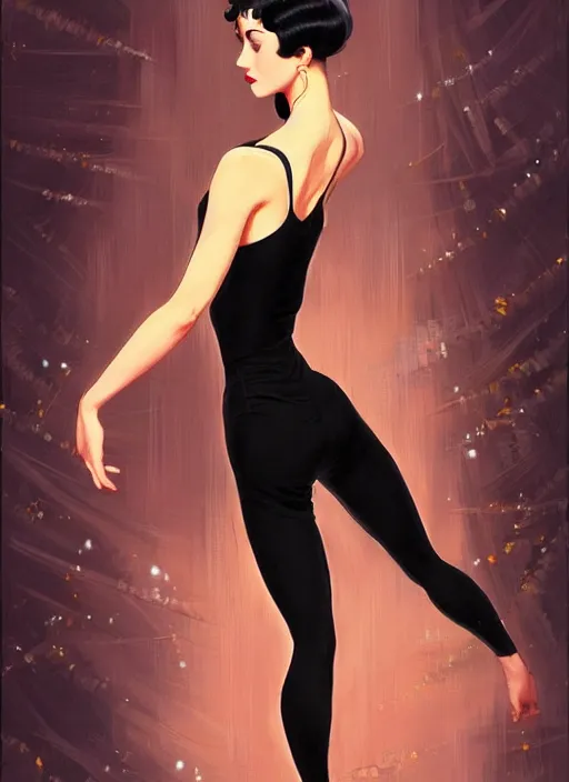 Image similar to a beautiful dancer with black hair in 1930's fashion, living room background, intricate, highly detailed, digital painting, artstation, official media, anime key visual, concept art, rich vivid colors, ambient lighting, sharp focus, illustration, art by Artgerm, Makoto Shinkai, Ilya Kuvshinov, Lois Van Baarle, and Rossdraws