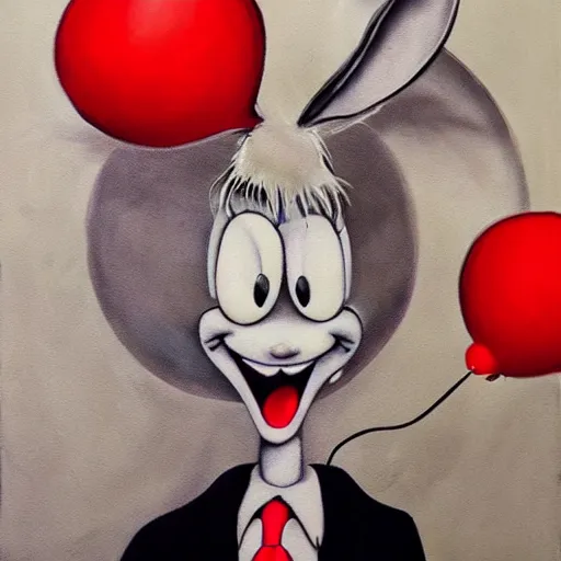 Image similar to grunge painting of bugs bunny with a wide smile and a red balloon by tim burton, detailed, elegant, intricate, conceptual