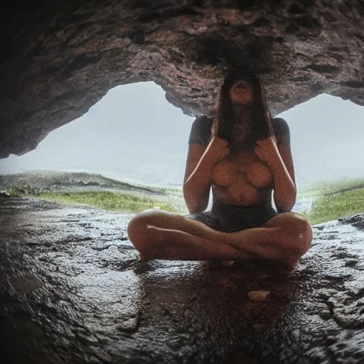 Prompt: Woman sitting under a ginormous rock overhead, partially cupping her hands, gesturing it outward!!!!! to the camera!!!!!, in a rainy environment, fisheye!!!!! lens!!!!!, rainy and wet atmosphere, closeup!!!!!, dark and grim lighting, trending on artstation, 4k, 8k