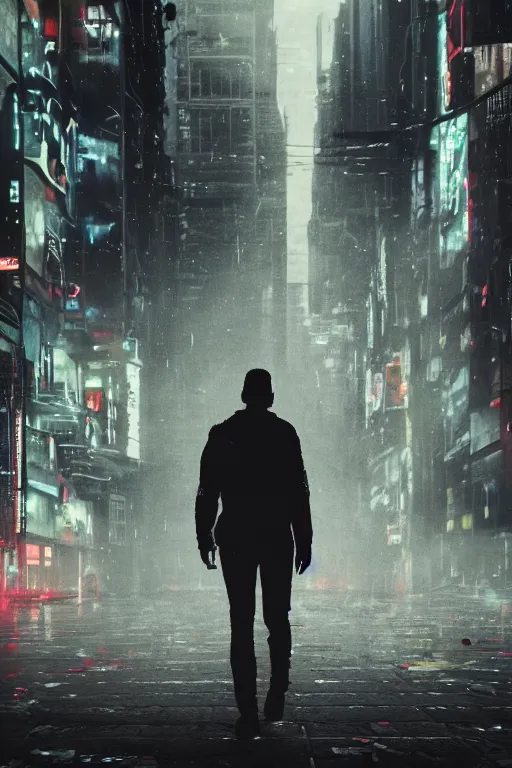 Prompt: dark, cinematic, cyberpunk, guy walking on a desolated urban street, destroyed, 8 k