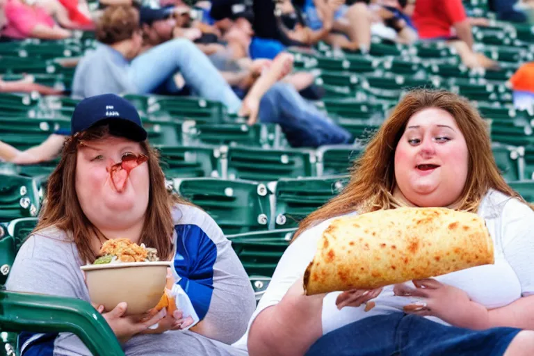 Image similar to obese woman eating a giant burrito sitting at a baseball game, photograph,