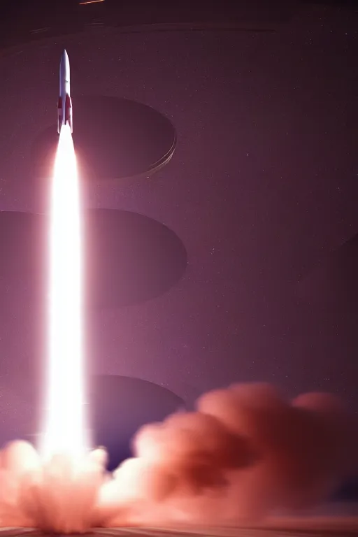 Image similar to hyperdetailed photograph of a futuristic sleek fast rocket launching and leaving huge plumes of smoke, cinematic, volumetric lighting, night