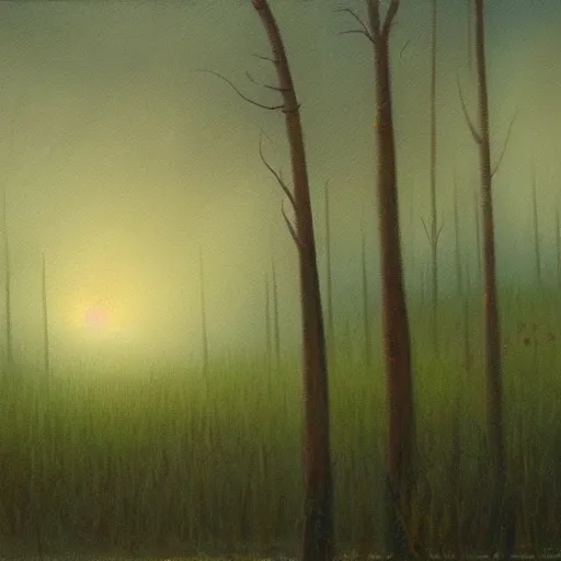 Image similar to will o'the wisp over a foggy swamp at twilight, very textured, highly detailed, oil painting