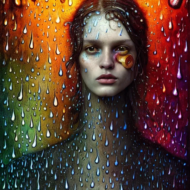 Image similar to bright portrait surrounded by psychedelic mushrooms with rain on face and wet hair, diffuse overhead lighting, fantasy, intricate, elegant, dramatic lighting, highly detailed, lifelike, photorealistic, digital painting, artstation, illustration, concept art, smooth, sharp focus, art by John Collier and Albert Aublet and Krenz Cushart and Artem Demura and Alphonse Mucha