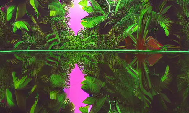 Image similar to mirror in a vaporwave jungle, 4k Photograph