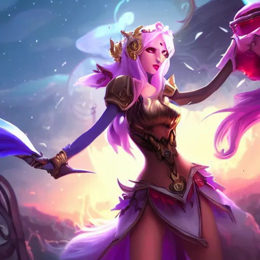 Image similar to league of legends Splashart of a very mysterious girl puppeteer that controls the fate-W 640