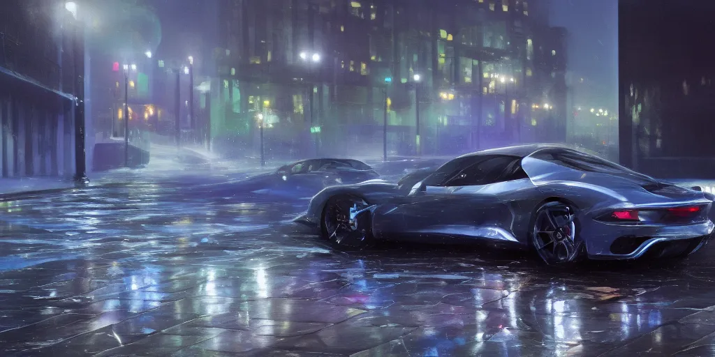 Image similar to full view of a sport car, on wet street at night, painted in dark color holographic pearlescent, almost ghosty-like, elegant, digital painting, concept art, smooth, sharp focus, art style from Wang Ke and Greg Rutkowski and Bruce Kaiser and Scott Robertson and Dmitry Mazurkevich and Doruk Erdem and Jon Sibal, small style cue from Mad Max