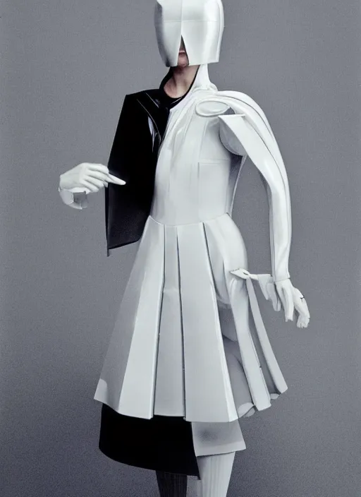 Prompt: an early 0 0's aesthetic portrait of an european girl detailed features wearing a cyber latex wedding dress suit'utility - chic'techno - fashion trend - by issey miyake by ichiro tanida and mitsuo katsui