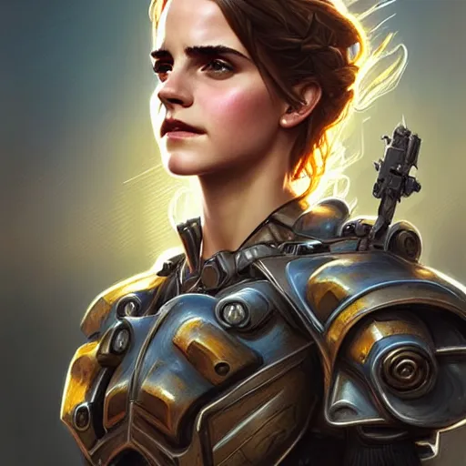 Image similar to beautiful Emma Watson in a Power Armor, western, closeup, D&D, fantasy, intricate, elegant, highly detailed, digital painting, artstation, concept art, matte, sharp focus, illustration, art by Artgerm and Greg Rutkowski and Alphonse Mucha