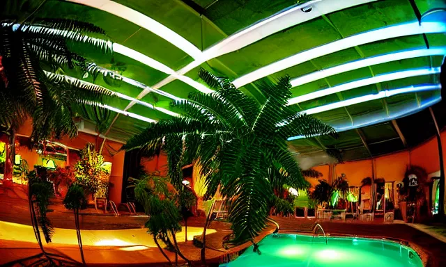 Image similar to indoor pool with ferns and palm trees at night, shops, pool tubes, chromatic abberation, dramatic lighting, dim lighting, horror lighting, depth of field, 80s photo, wideangle, fisheye