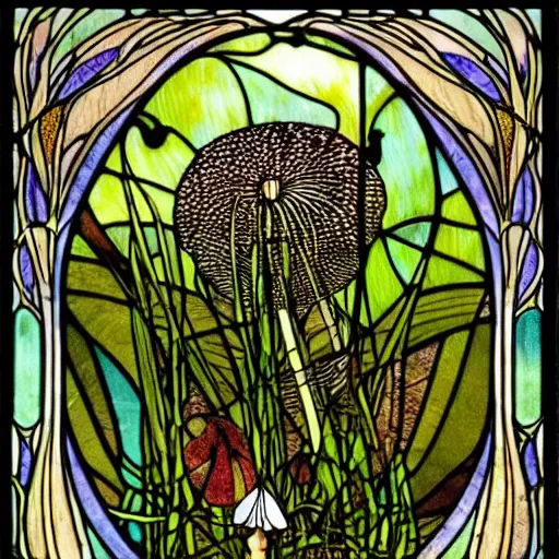 Prompt: beautifully detailed victorian art nouveau stained glass mushroom river reeds duckweeds close up abstract mallard feathers rubber leaves foliage, circle, curved arched borders kilian eng harry clarke