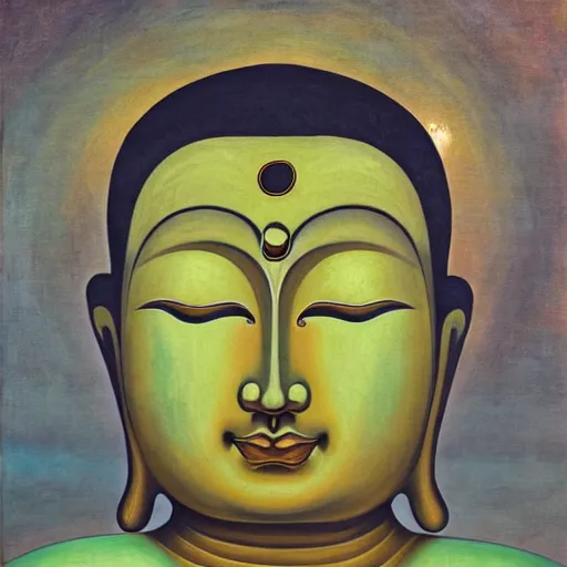 Image similar to a painting of a buddha with his eyes closed, an oil on canvas painting by ram chandra shukla, shutterstock, figurativism, creative commons attribution, photoillustration, fractalism