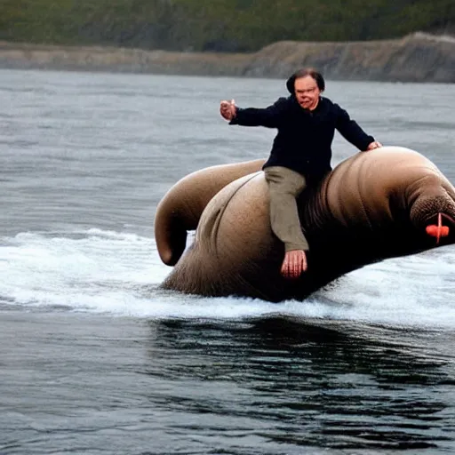 Prompt: tommy lee jones riding a walrus