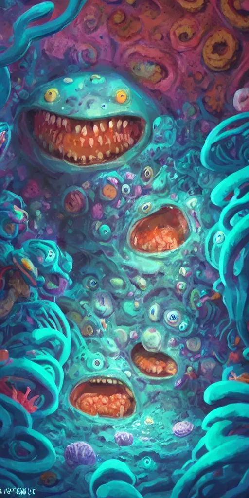 Image similar to of a colorful deep sea cave with strange cute friendly happy creatures with huge eyes, mouth, long tongue and round teeth appearing from sandy coral, in the style of gehry and gaudi, macro lens, shallow depth of field, ultra detailed, digital painting, trending artstation, concept art, illustration, cinematic lighting, photorealism, epic, octane render