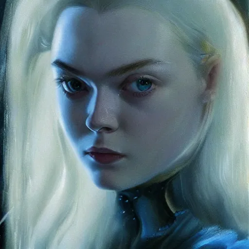 Prompt: ultra realistic portrait painting of elle fanning in underworld 2 0 0 3, art by frank frazetta, 4 k, ultra realistic, highly detailed, epic lighting