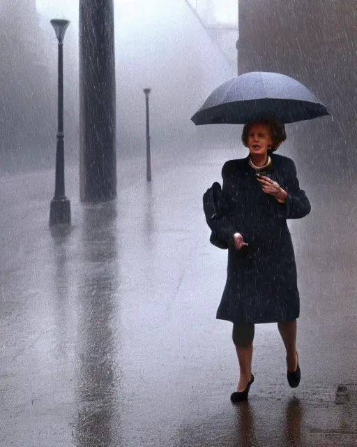 Prompt: margaret thatcher in torrential rainstorm on london street, full body, atmospheric moody hyper realistic award winning color cinematic still 8 k